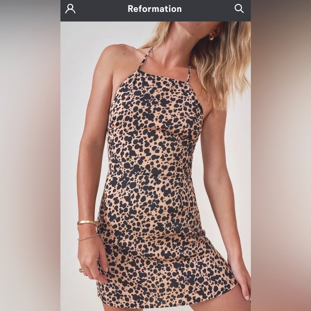 Reformation Tasha Halter Mini Dress Womens 0 XS Black Tan Spotted Animal Print